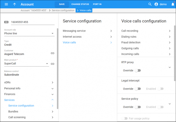 Voice calls configuration for the account