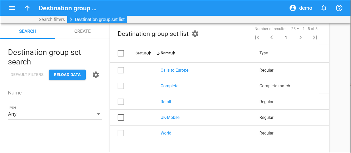 destination group set list