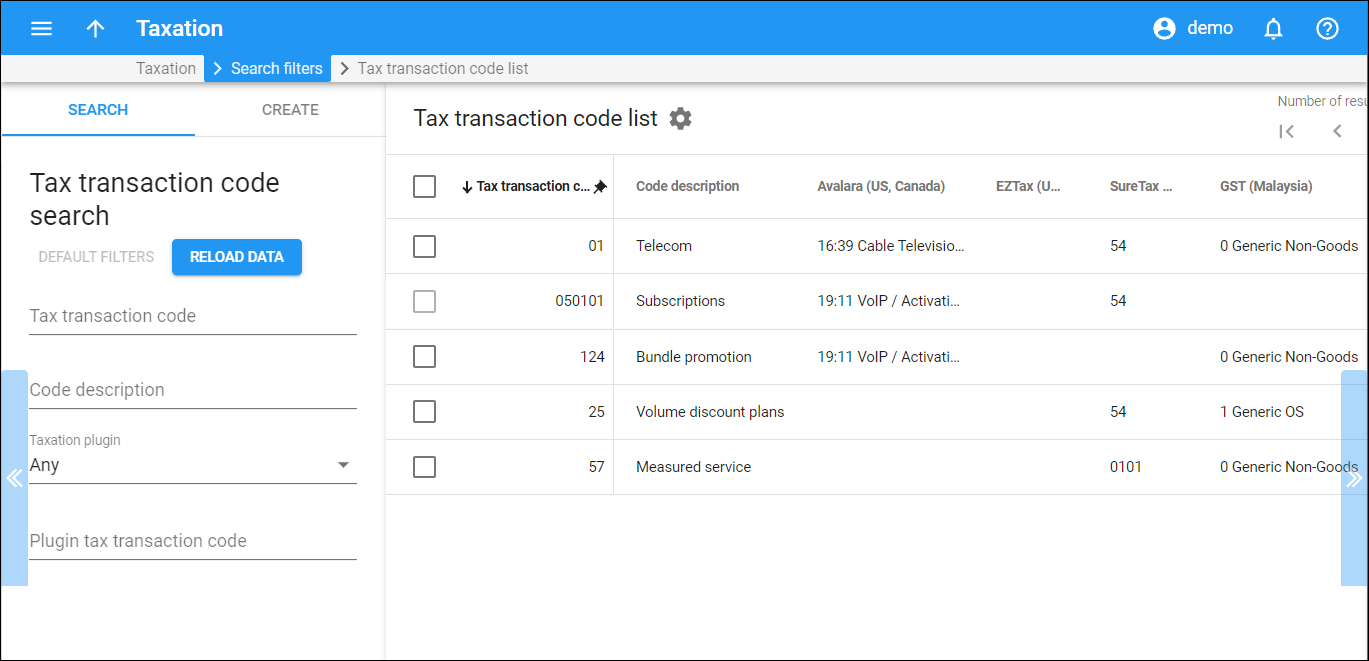 tax transaction code list