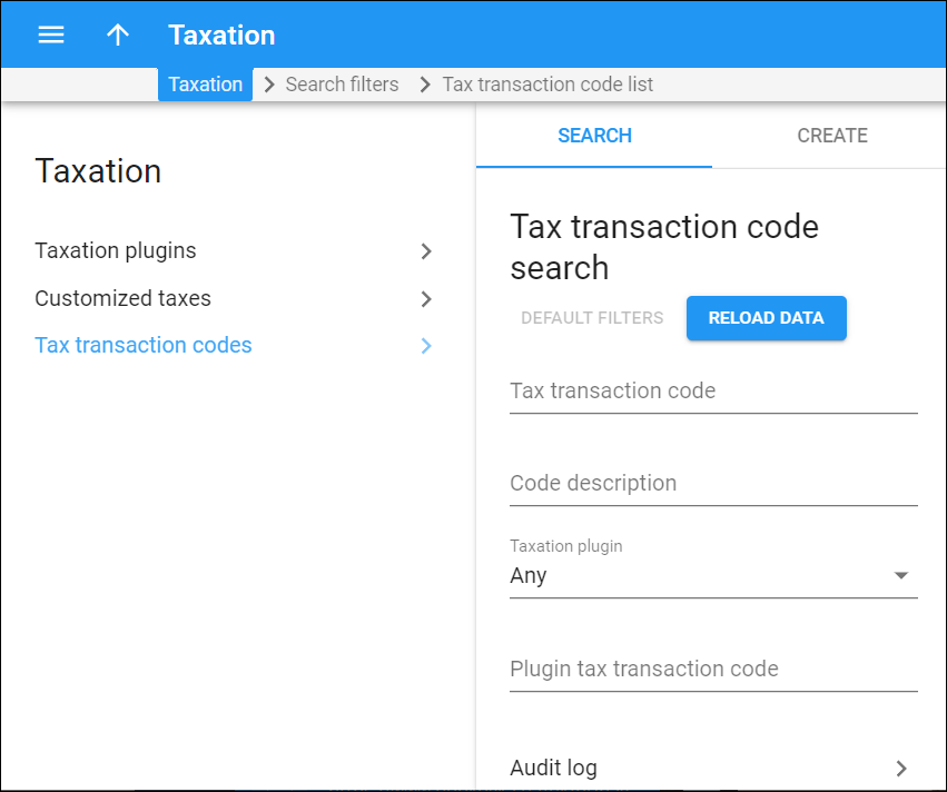 tax trabsaction code search panel