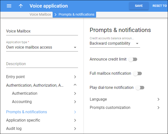 Voice mailbox. Prompts and notifications