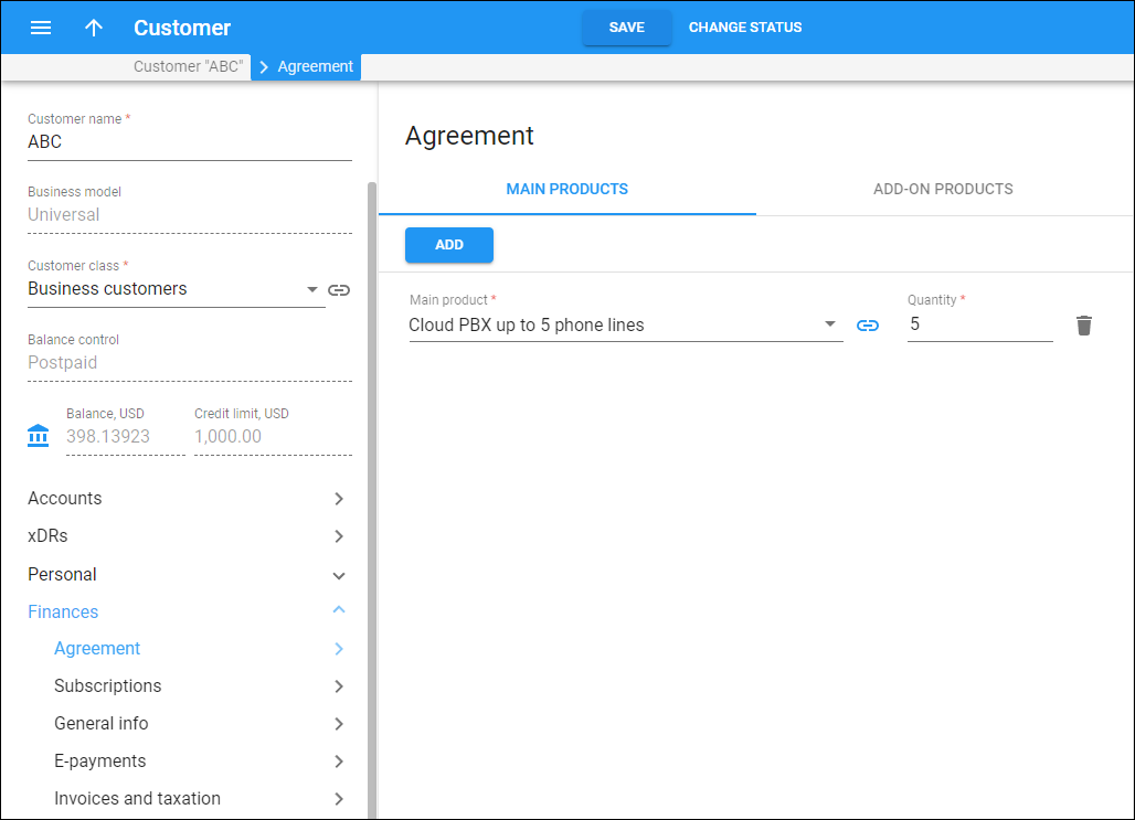 Example 2 - Add main products to the agreement