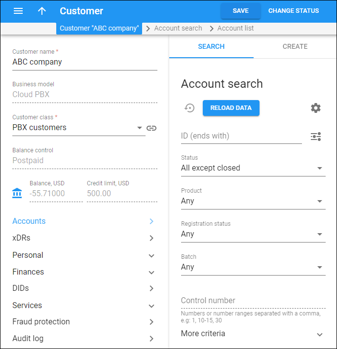 Search account panel
