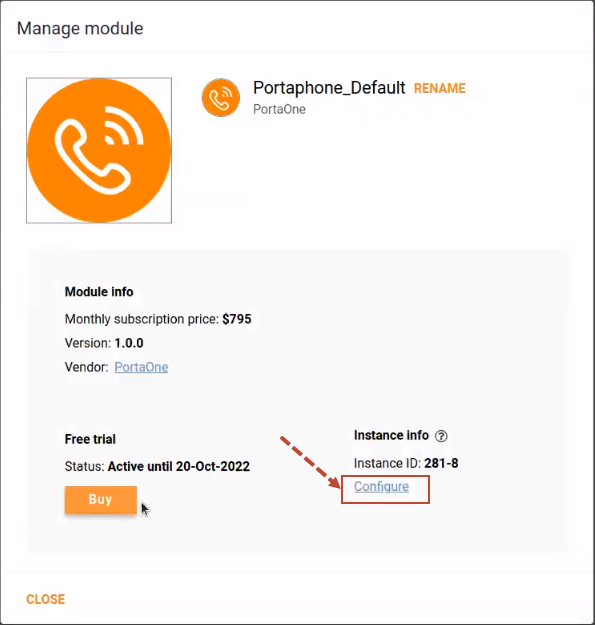 The "Manage module" dialog