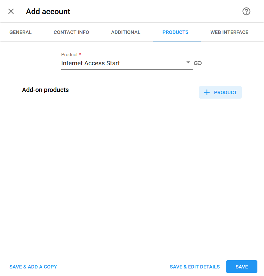 Create account for Internet access products tab.