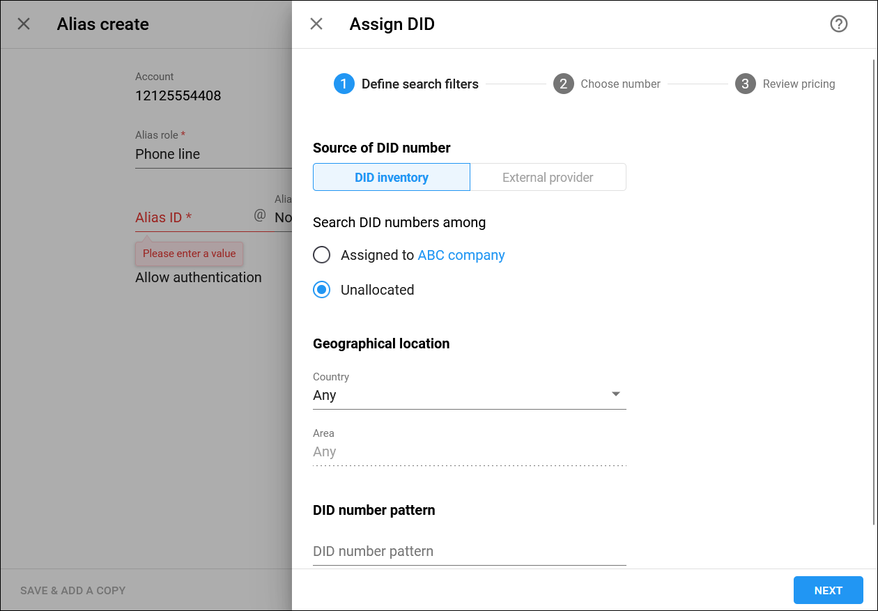 Define search filters for account alias.