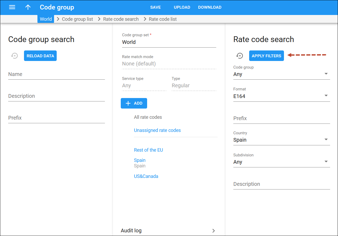 Voice calls service configuration for MVNO 19 Filter rate codes for code group.