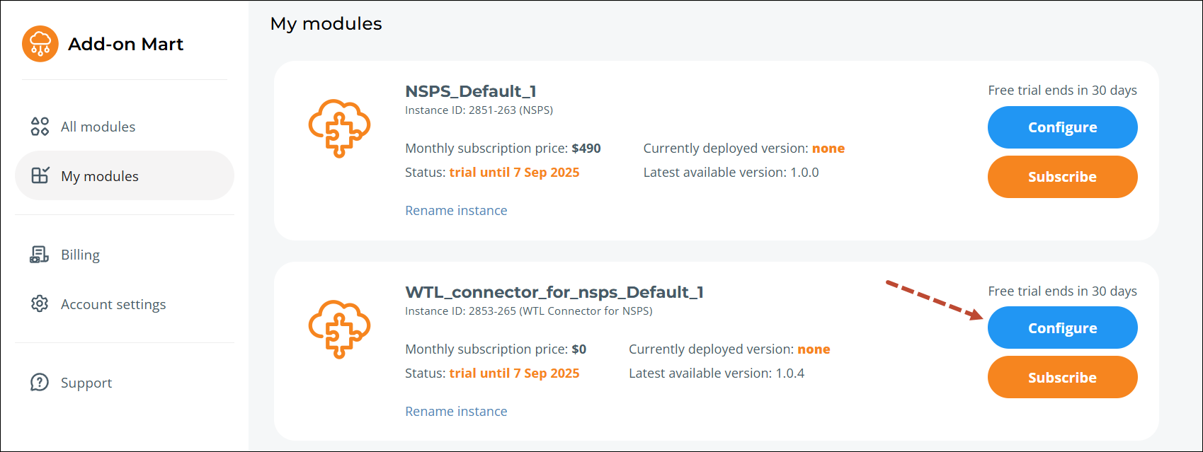 Click Configure for WTL Connector subscription