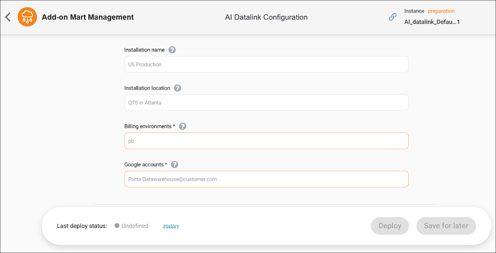 Fill in AI Datalink configuration details.