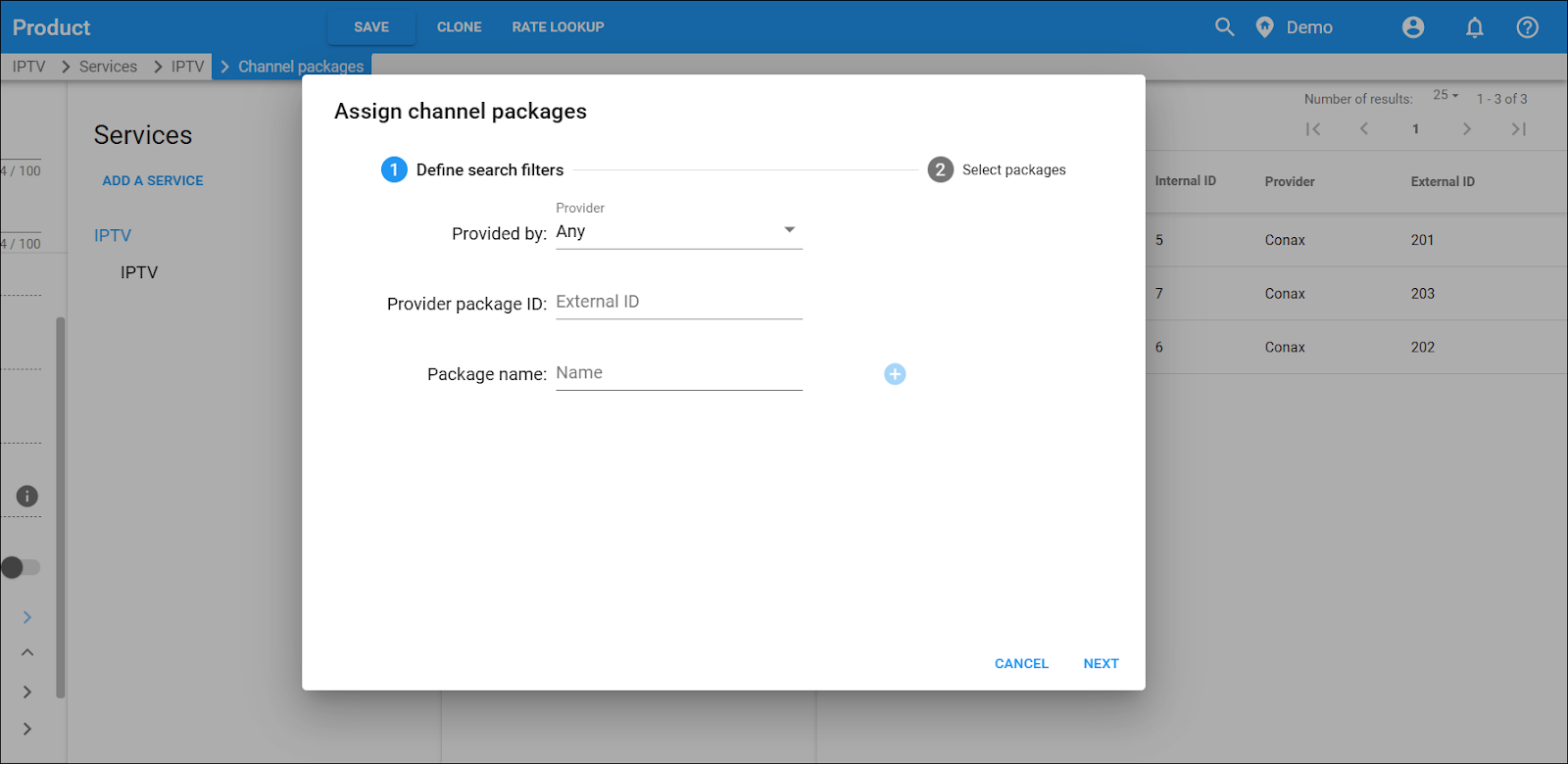 Assign channel packages search filters.