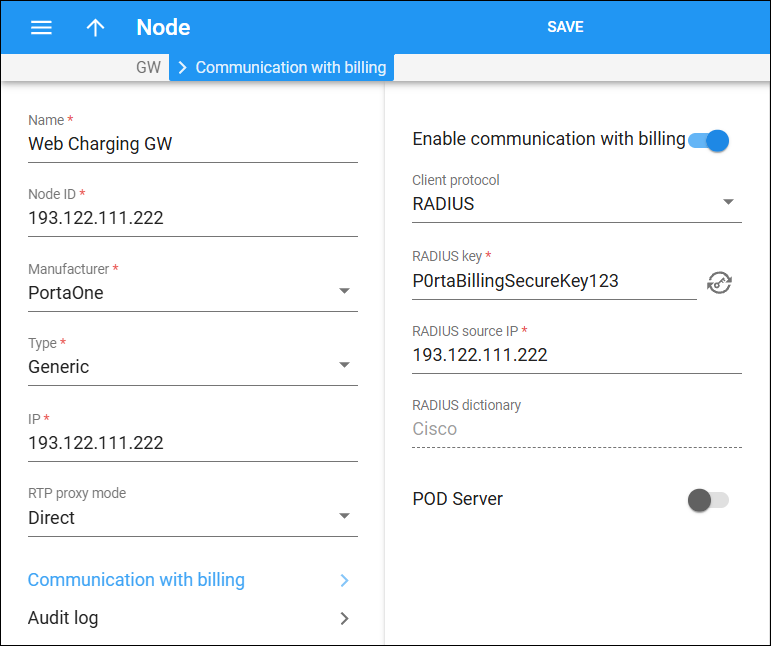 WebChargingGW - node configuration