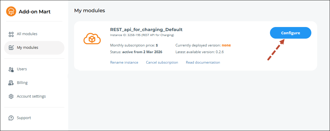 REST API for Charging module - click Configure