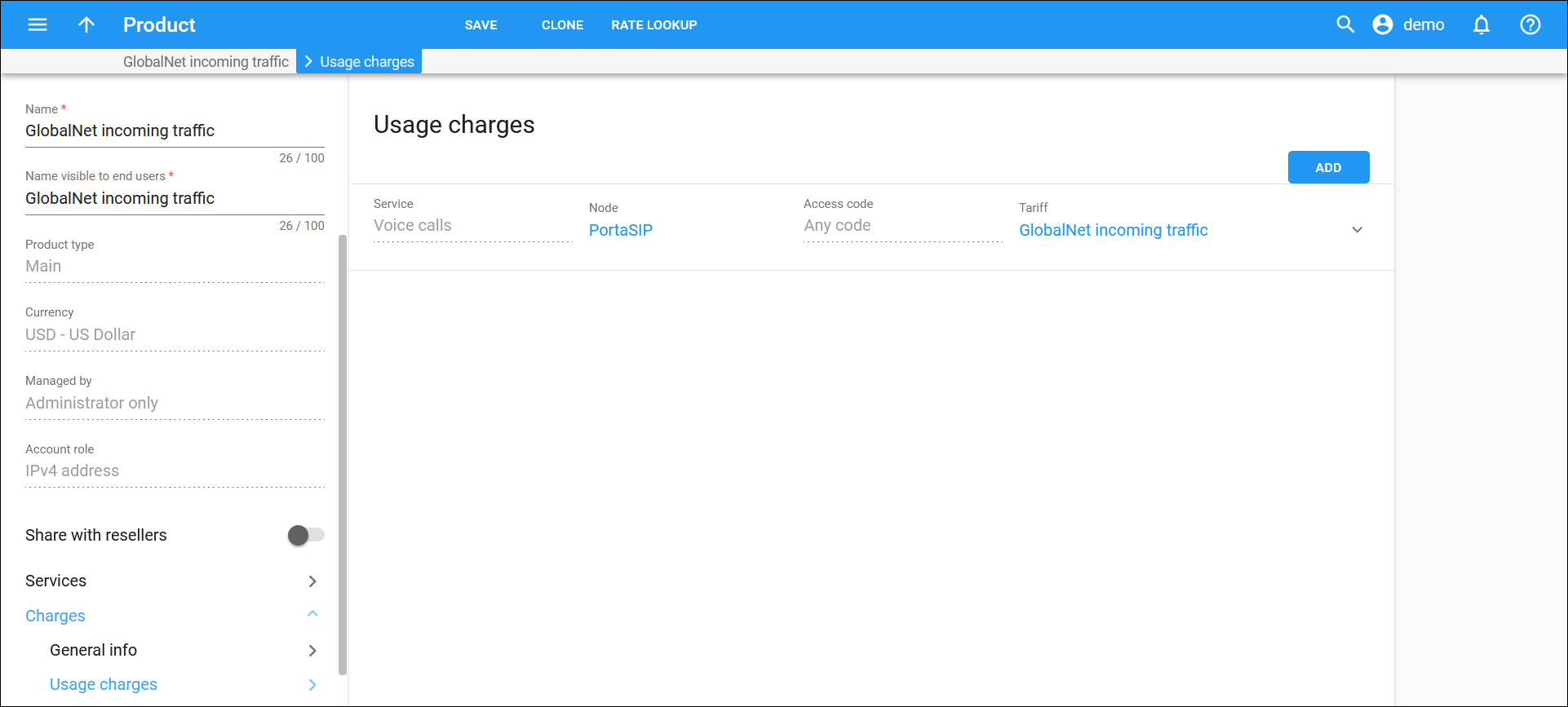 Add usage charges to product for tenant env.