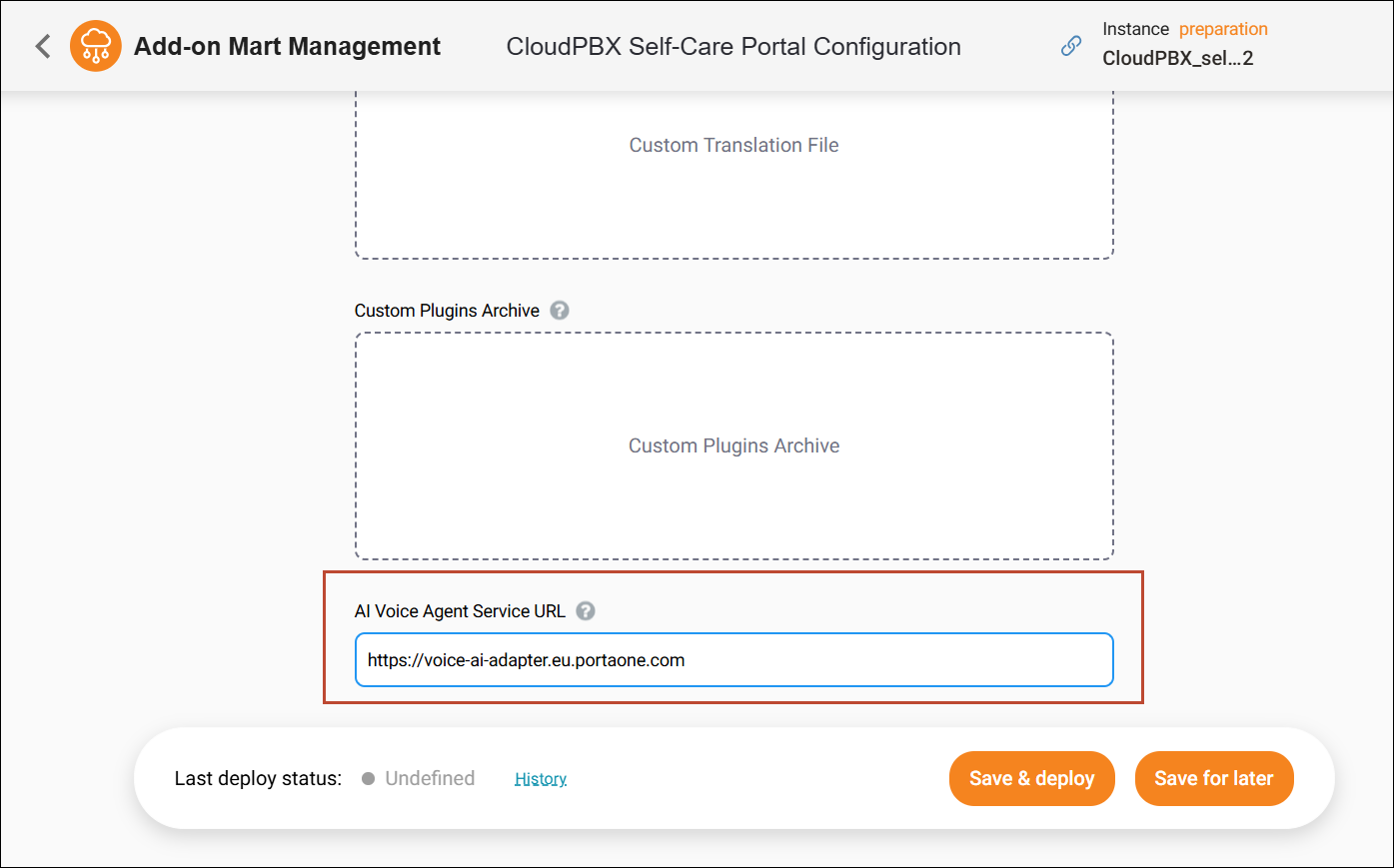 Voice AI Agent CloudPBX portal configuration.