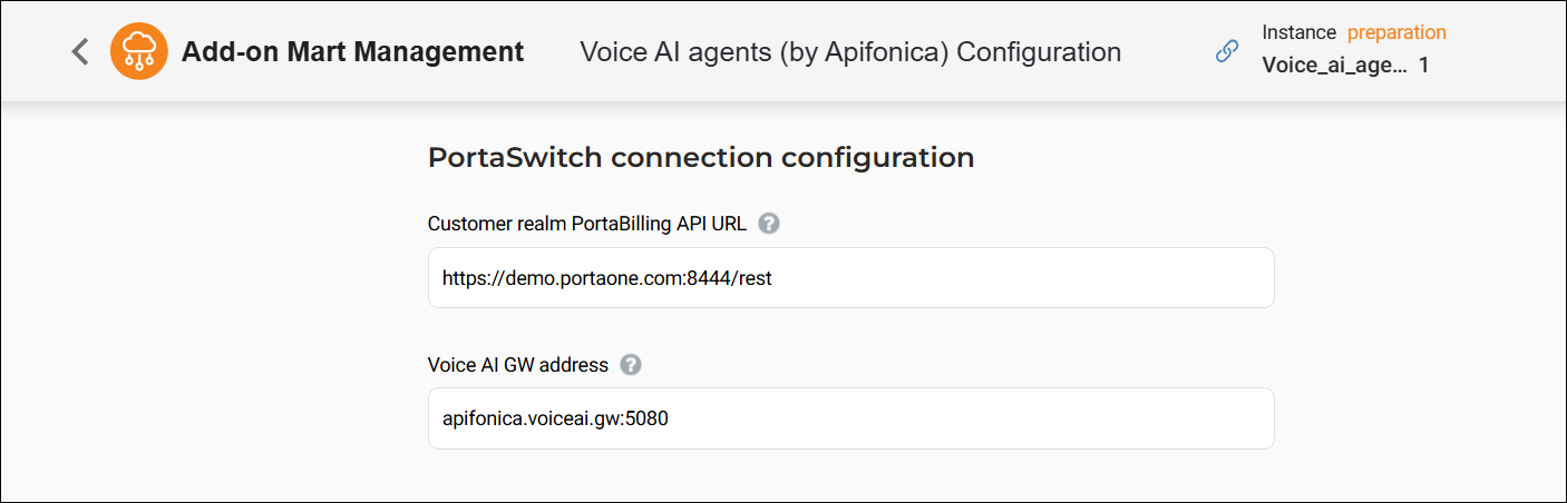 Voice AI Agent PortaSwitch connection configuration.