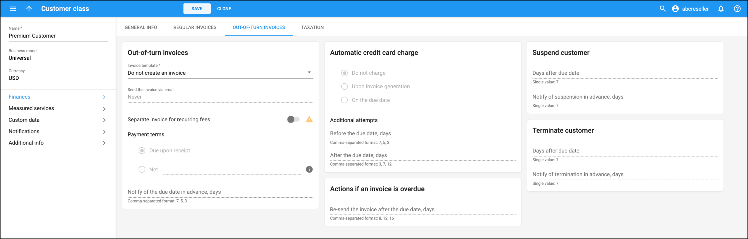 Out-of-turn invoices 1 Reseller UI, Customer class, Finances > Out-of-turn invoices