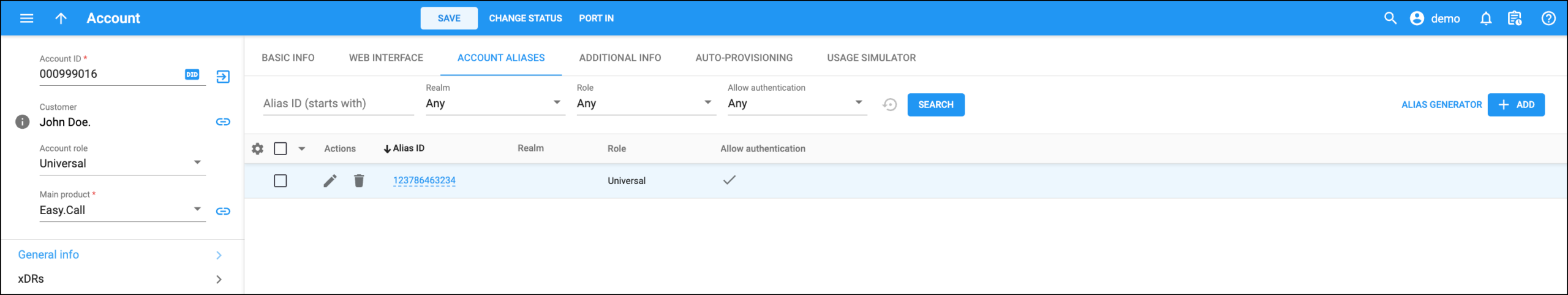 Account aliases 1 Account > Account aliases tab