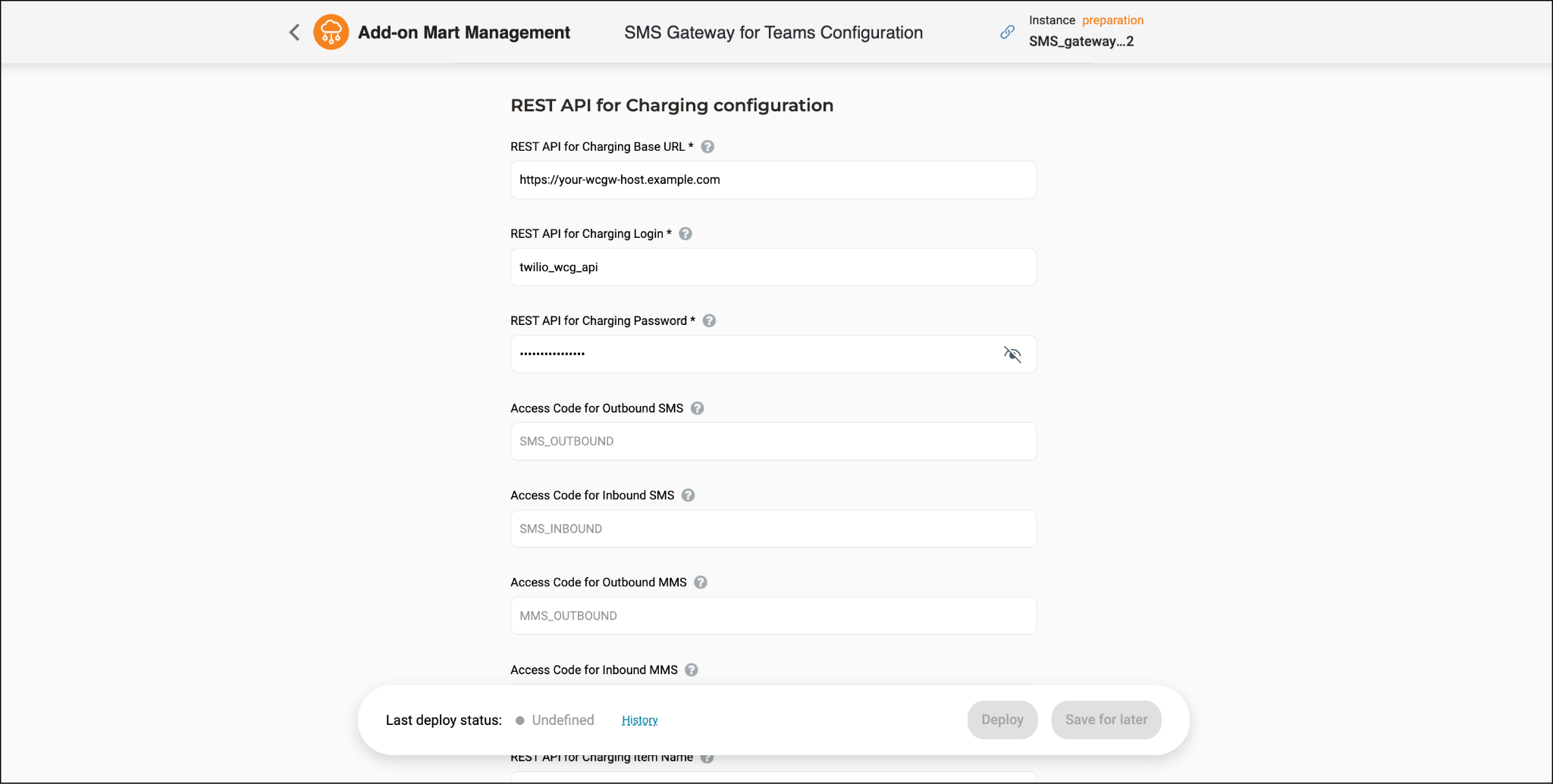 SMS Gateway for Teams configuration 13 SMS Gateway for Teams. REST API for Charging configuration