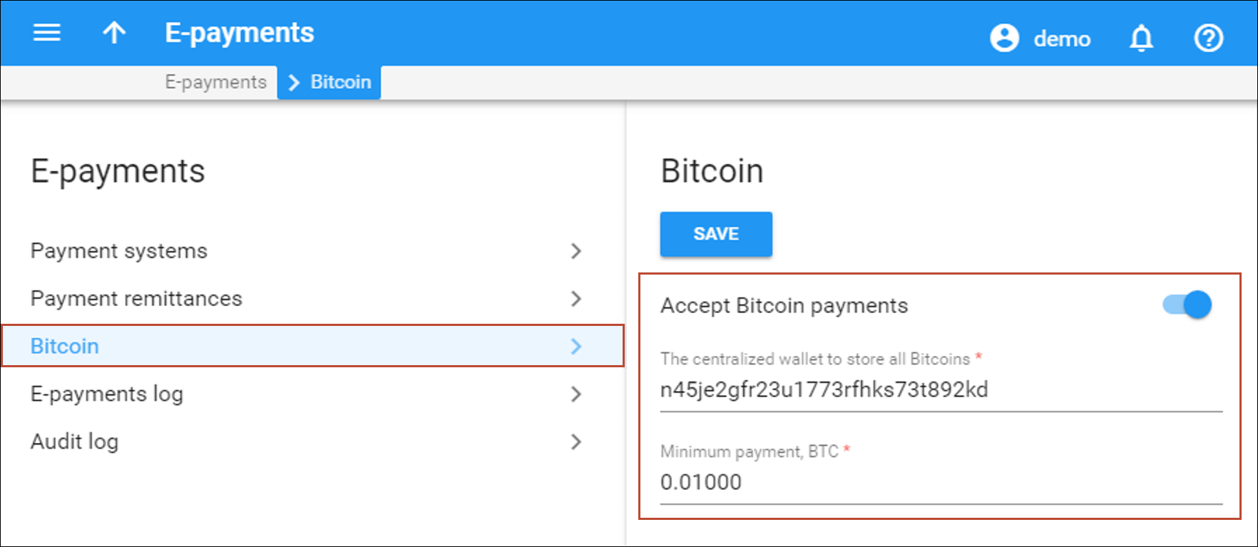 Enable Accept Bitcoin payments option