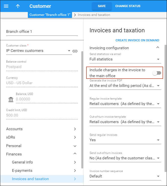 Disable the Include charges into main office invoice option