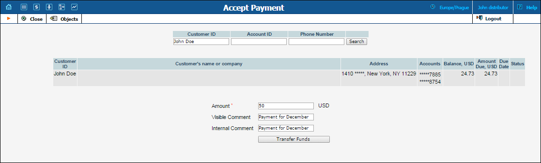 Accept Payment page in the distributor self-care interface