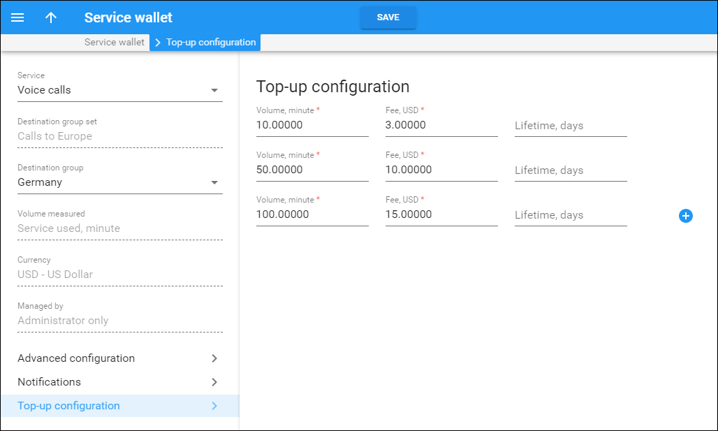 Service wallet top up configuration