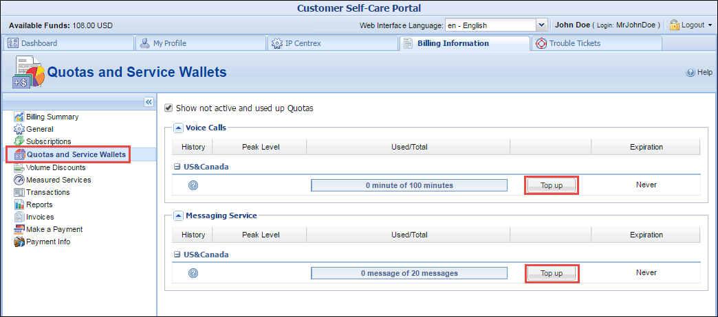 Service wallet top up using the customer self-care interface
