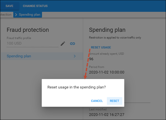 Reset the usage in the spending plan