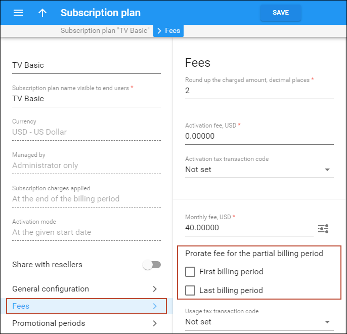 Choose whether or not to prorate recurring charges for subscriptions