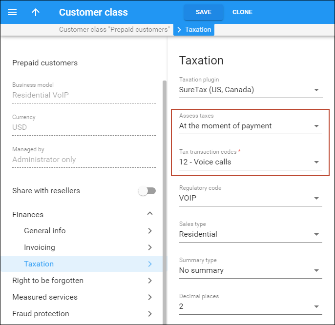 Taxation configured for the customer class