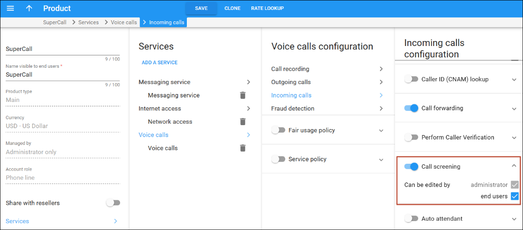Enable call screening on the produc