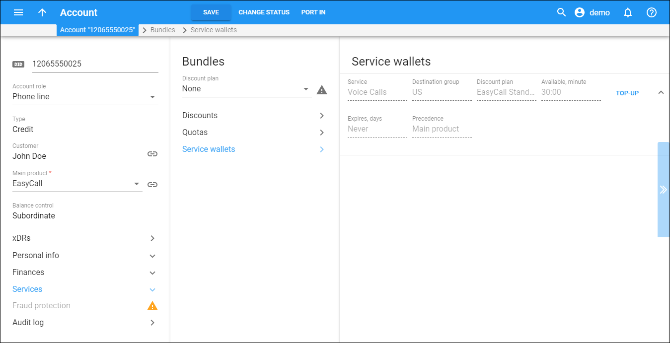 Service wallets assigned to the account