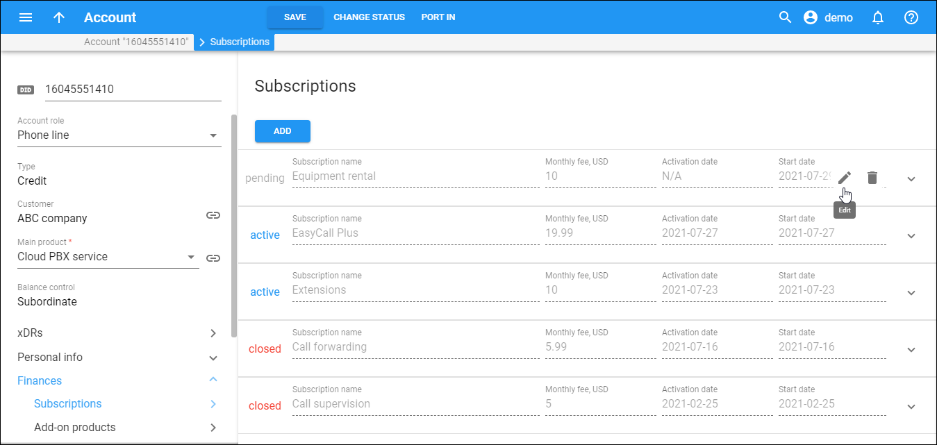 Subscription plans applied to the account