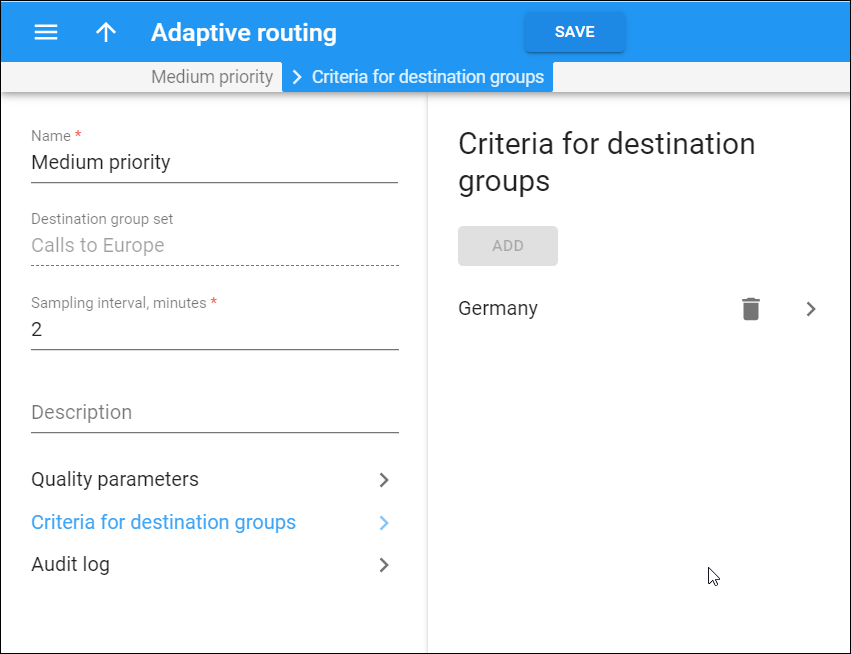 Criteria of destination groups panel