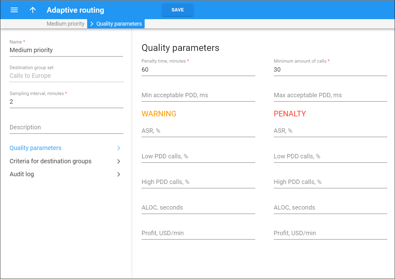 Adaptive routing rule quality parameters panel