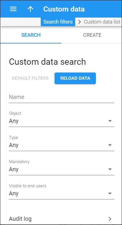 Custom data search panel