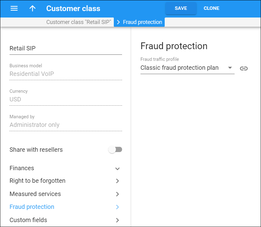 Fraud protection Customer class editing panel