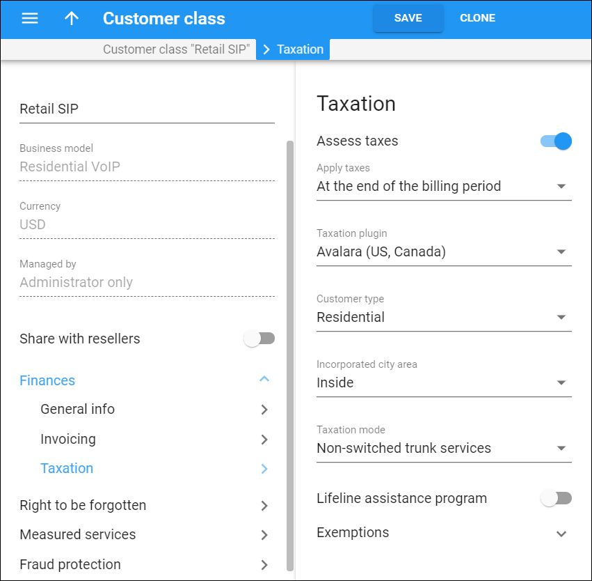 Customer class taxation panel with Avalara plugin