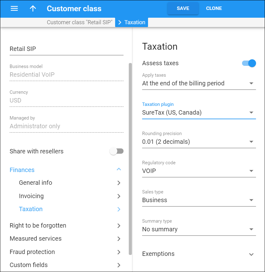 Customer class taxation panel with SureTax plugin