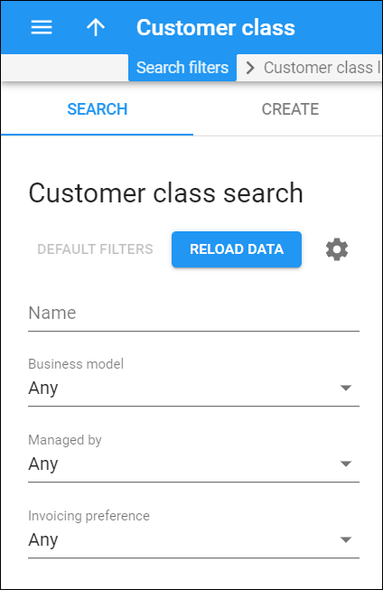 Customer class search panel
