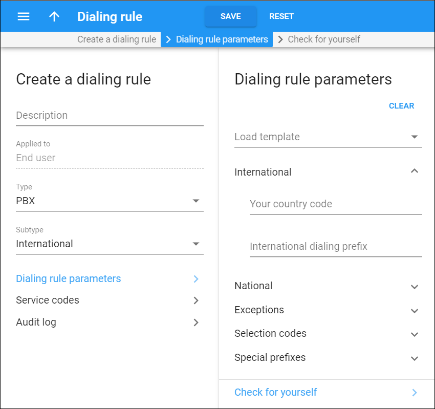 Customer dialing rule parameters panel
