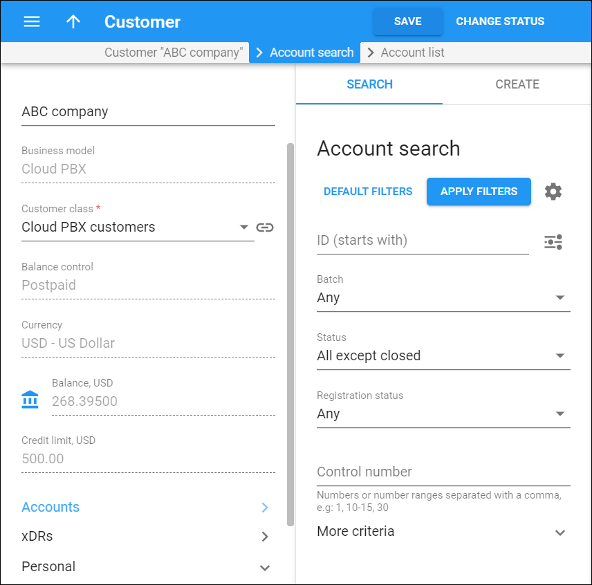 Account search panel