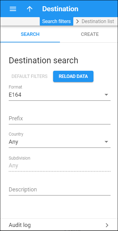 Destinations search panel