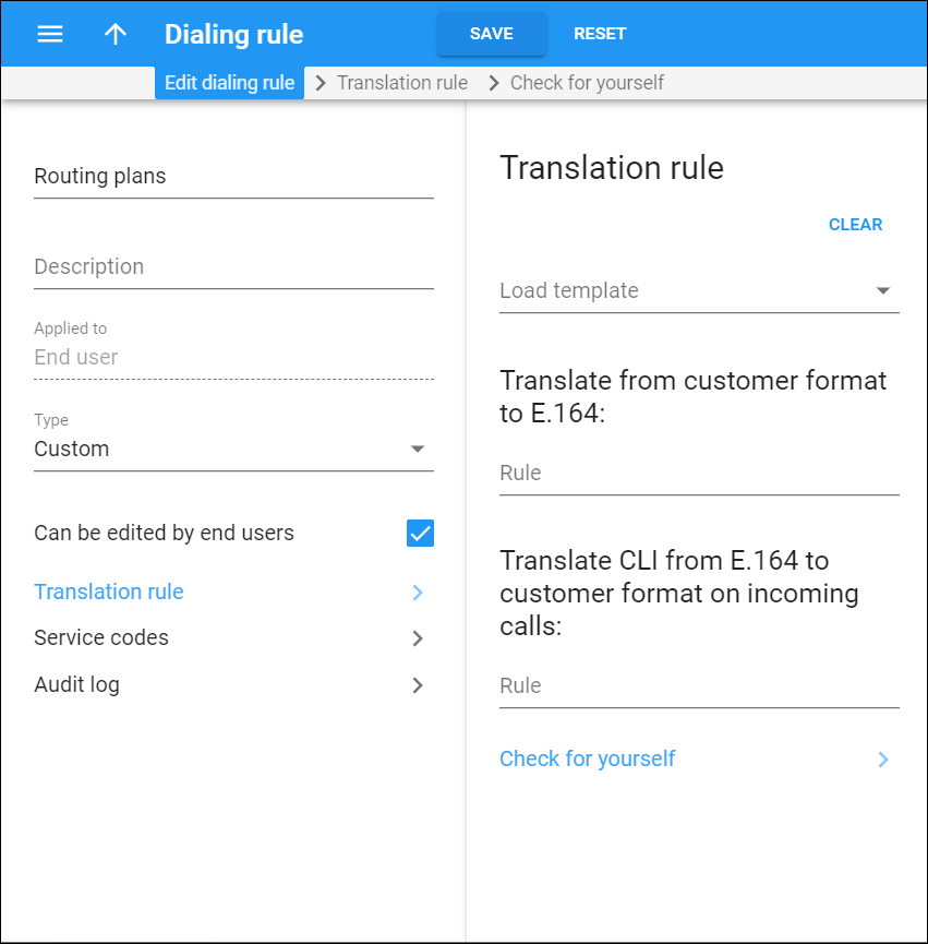 Custom translation rule creation panel