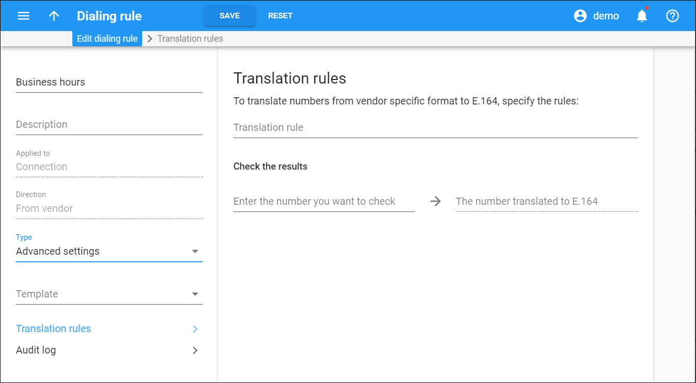 Translation rules panel