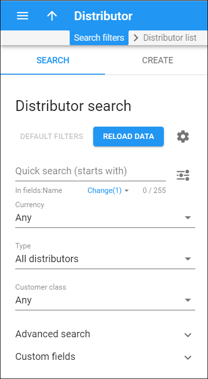 Distributor Search panel