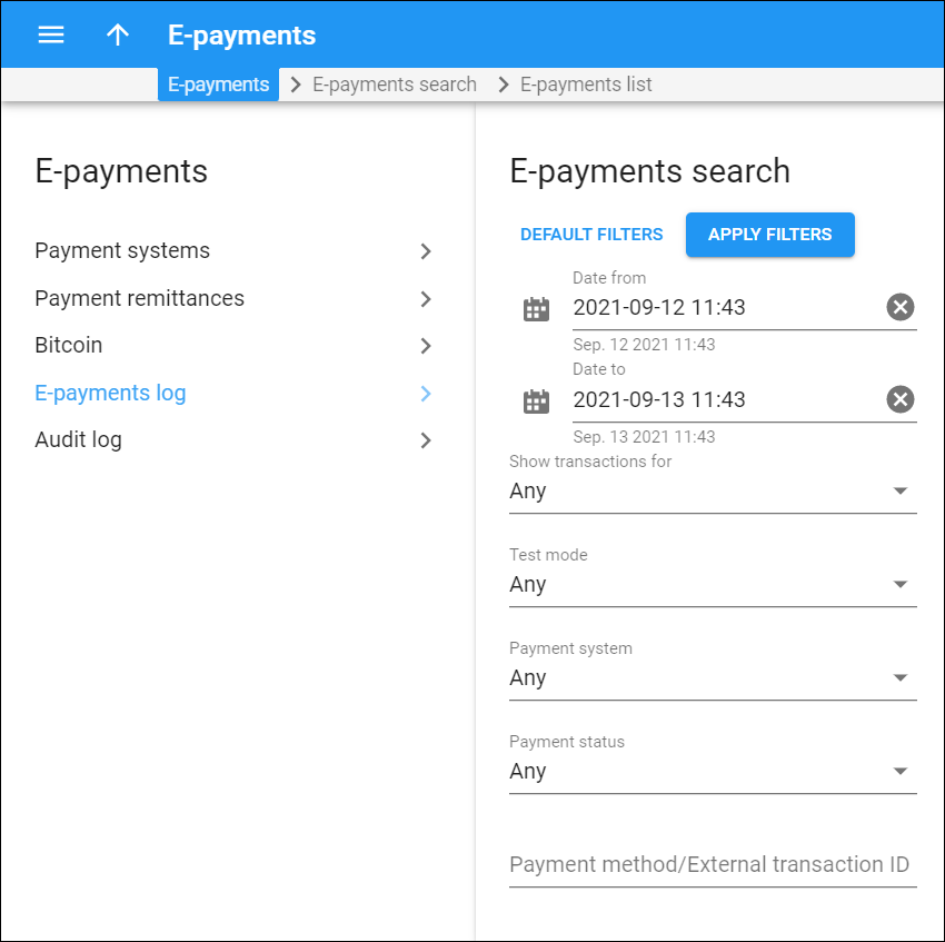 E-payment search panel