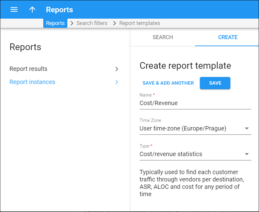 Report template creation panel