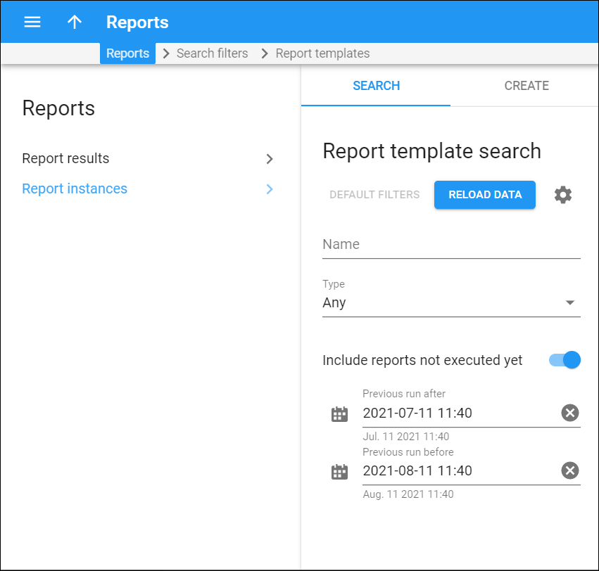 Report template search panel