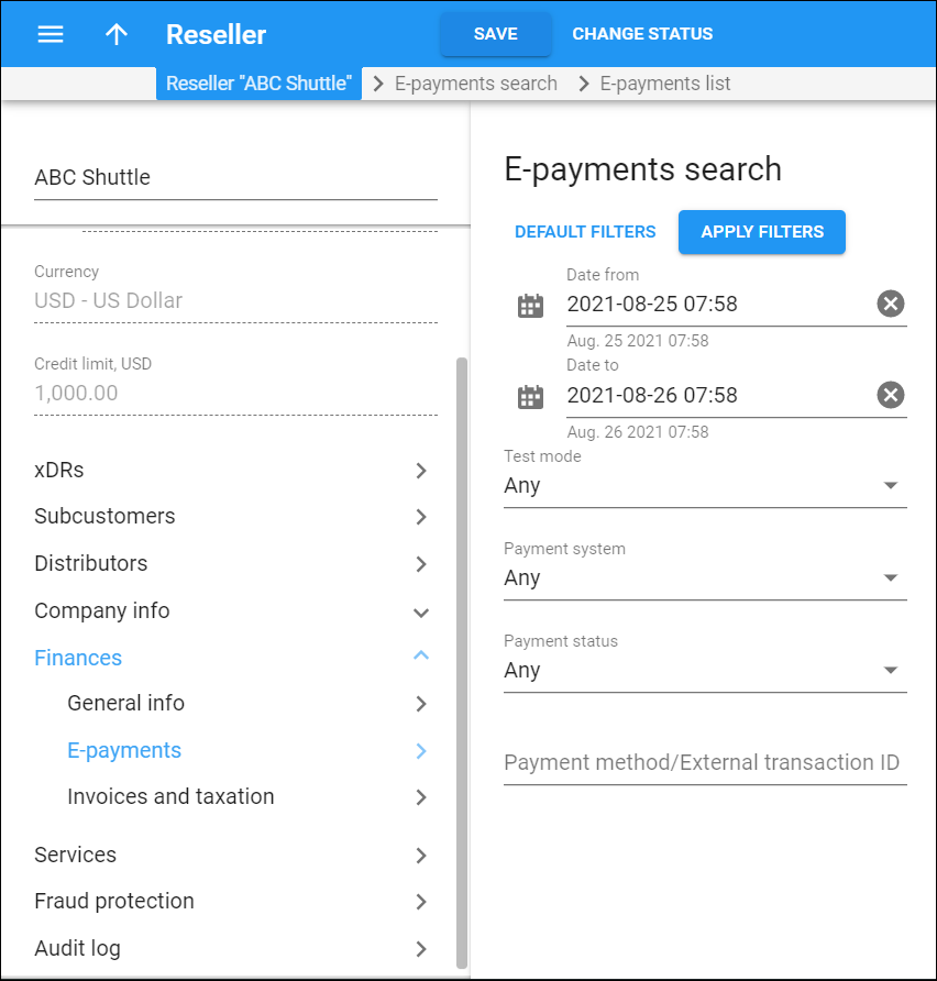Reseller E-payments search panel